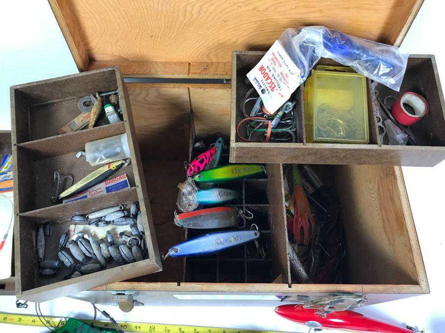 Large Wooden Tackle Box With Large Saltwater Fishing Lures And Various ...