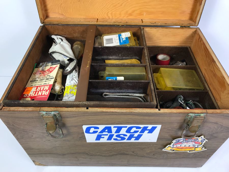 Large Wooden Tackle Box With Large Saltwater Fishing Lures And Various  Fishing Tackle And Metal Lures - See Photos For More Inside Box