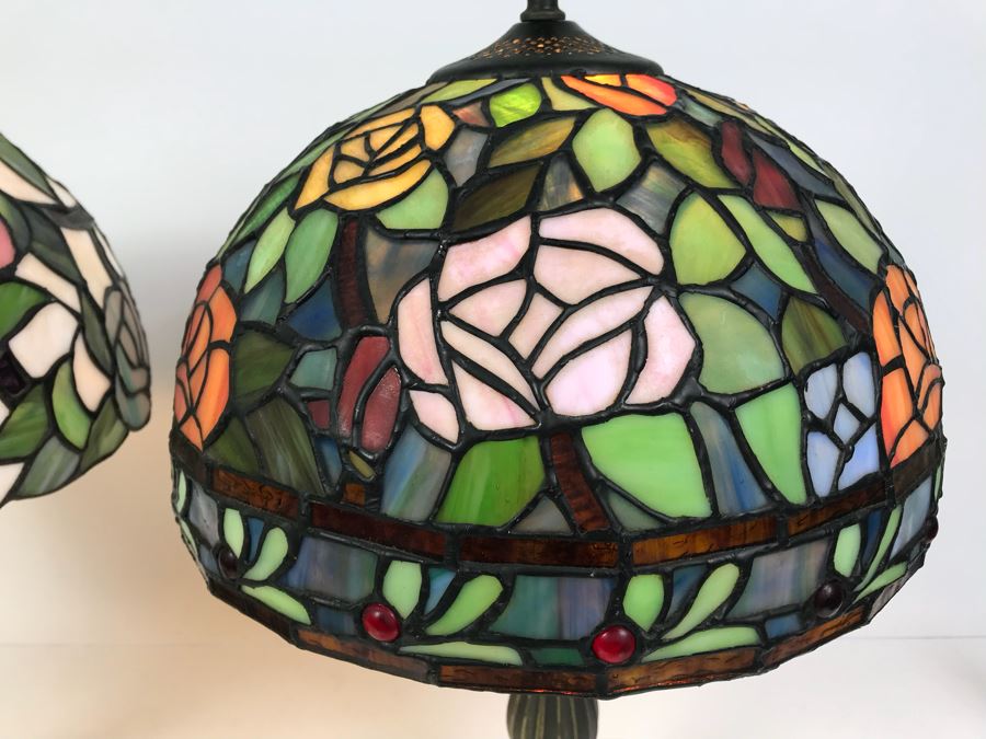 Pair Of Contemporary Stained Glass Shade Table Lamps With Metal Bases