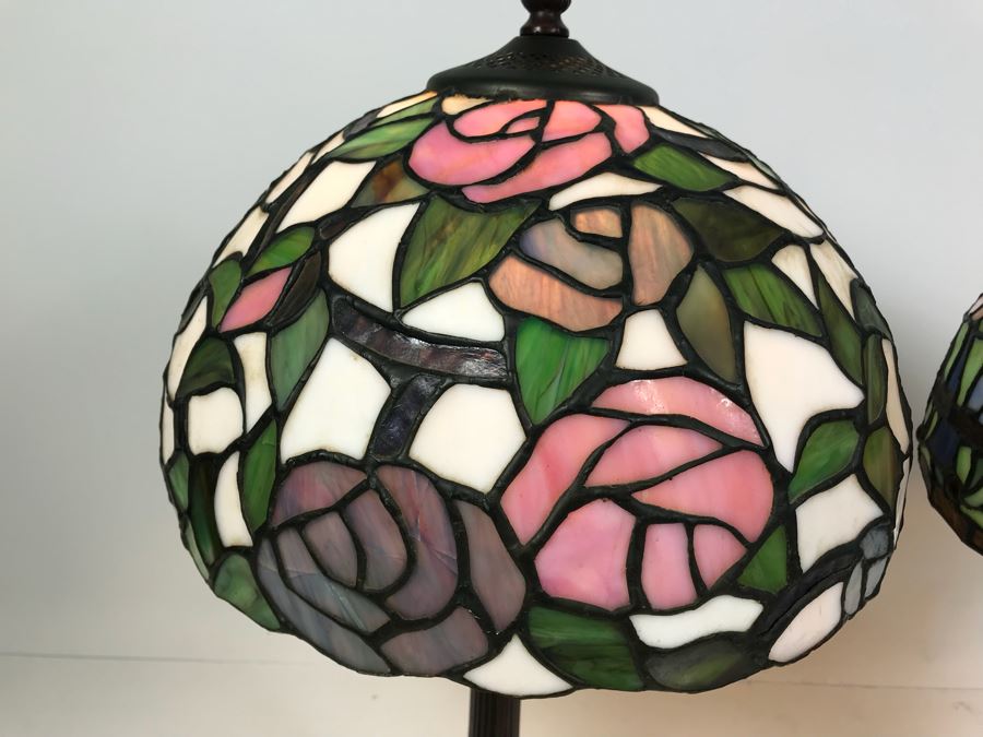 Pair Of Contemporary Stained Glass Shade Table Lamps With Metal Bases [Photo 6]