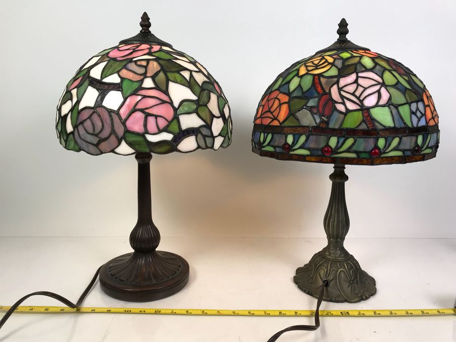 Pair Of Contemporary Stained Glass Shade Table Lamps With Metal Bases [Photo 1]