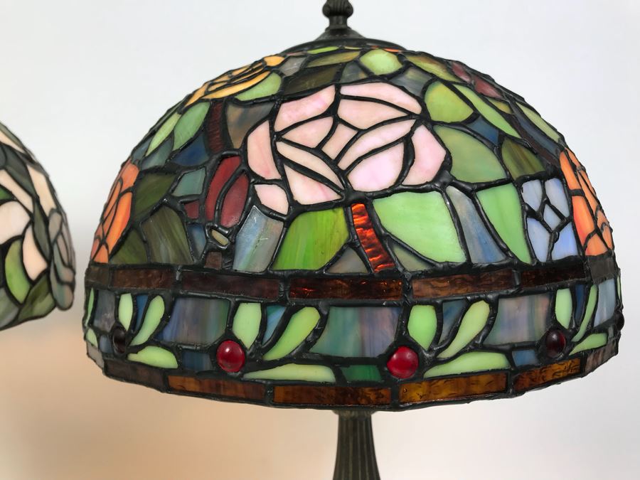Pair Of Contemporary Stained Glass Shade Table Lamps With Metal Bases [Photo 4]