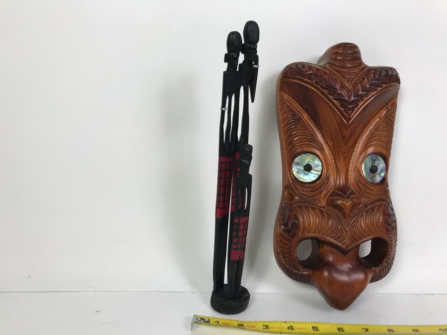 Koruru (Owl) Maori Hand Made New Zealand Carved Head Sculpture And African Wooden Sculpture Of Family [Photo 6]