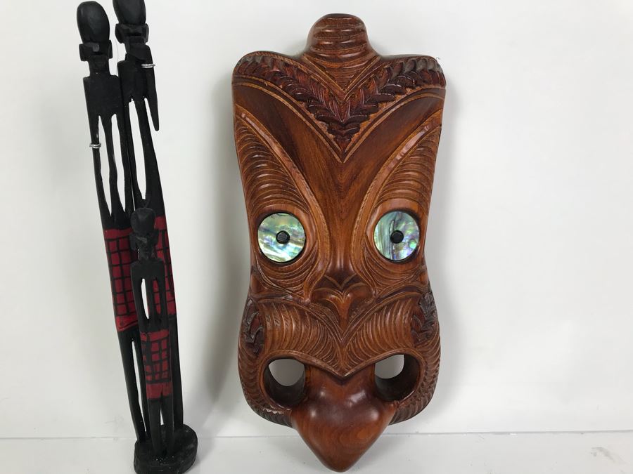 Koruru (Owl) Maori Hand Made New Zealand Carved Head Sculpture And African Wooden Sculpture Of Family [Photo 2]