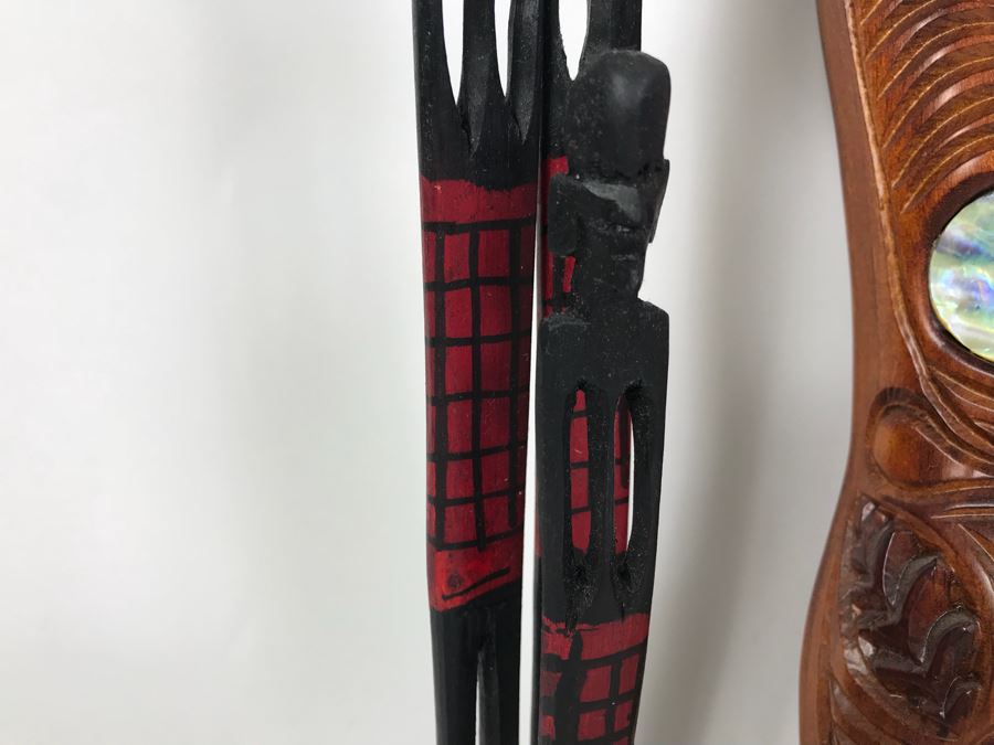 Koruru (Owl) Maori Hand Made New Zealand Carved Head Sculpture And African Wooden Sculpture Of Family [Photo 8]