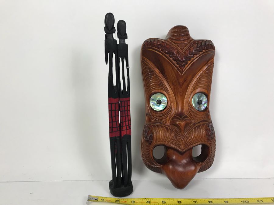 Koruru (Owl) Maori Hand Made New Zealand Carved Head Sculpture And African Wooden Sculpture Of Family [Photo 10]