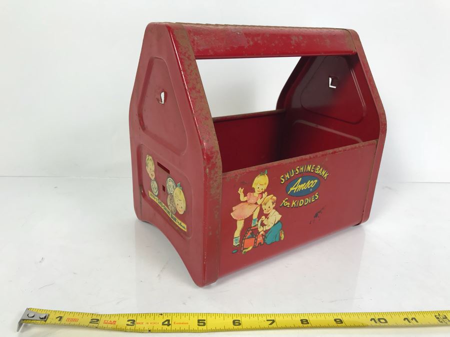 Vintage Red Metal Kid's Toy Shu-Shine-Bank Amsco For Kiddies