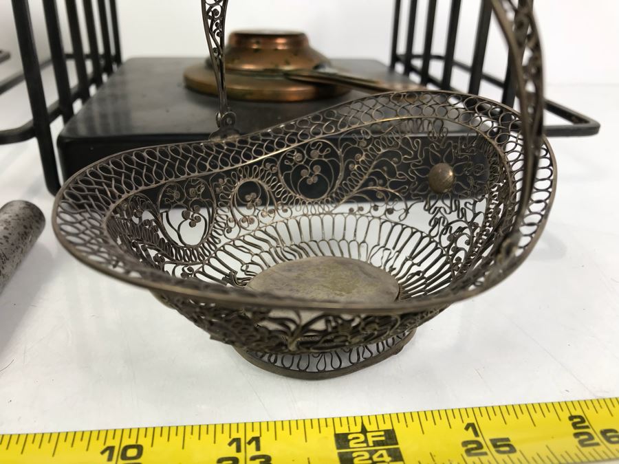 Pair Of Mid-Century Copper Fondue Sets, Dansk Denmark Vases, Industrial Salt & Pepper Shakers, Vintage Ladle, Wire Basket And Cutting Board [Photo 5]