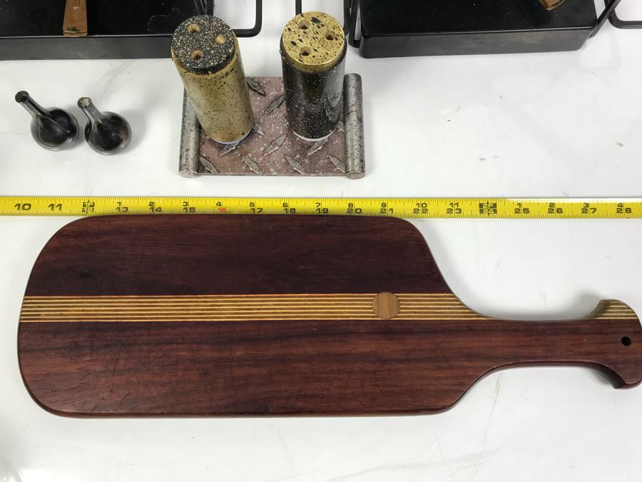 Pair Of Mid-Century Copper Fondue Sets, Dansk Denmark Vases, Industrial Salt & Pepper Shakers, Vintage Ladle, Wire Basket And Cutting Board [Photo 16]