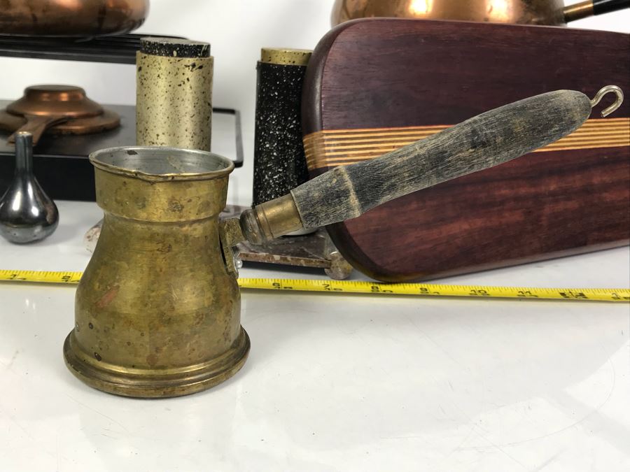 Pair Of Mid-Century Copper Fondue Sets, Dansk Denmark Vases, Industrial Salt & Pepper Shakers, Vintage Ladle, Wire Basket And Cutting Board [Photo 19]