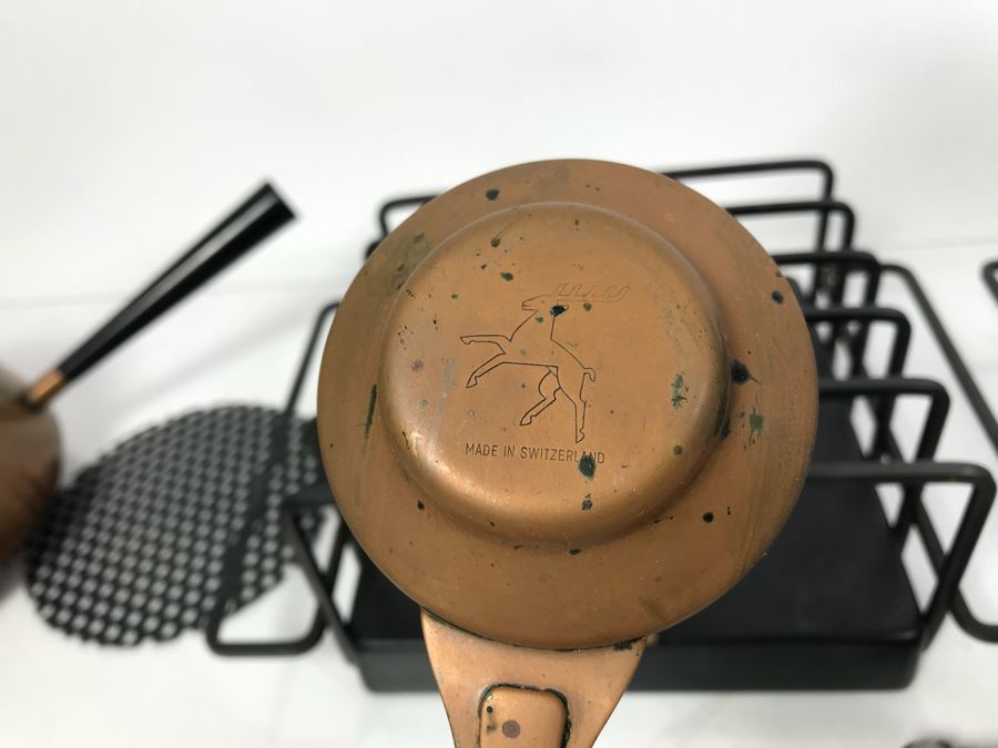 Pair Of Mid-Century Copper Fondue Sets, Dansk Denmark Vases, Industrial Salt & Pepper Shakers, Vintage Ladle, Wire Basket And Cutting Board [Photo 12]