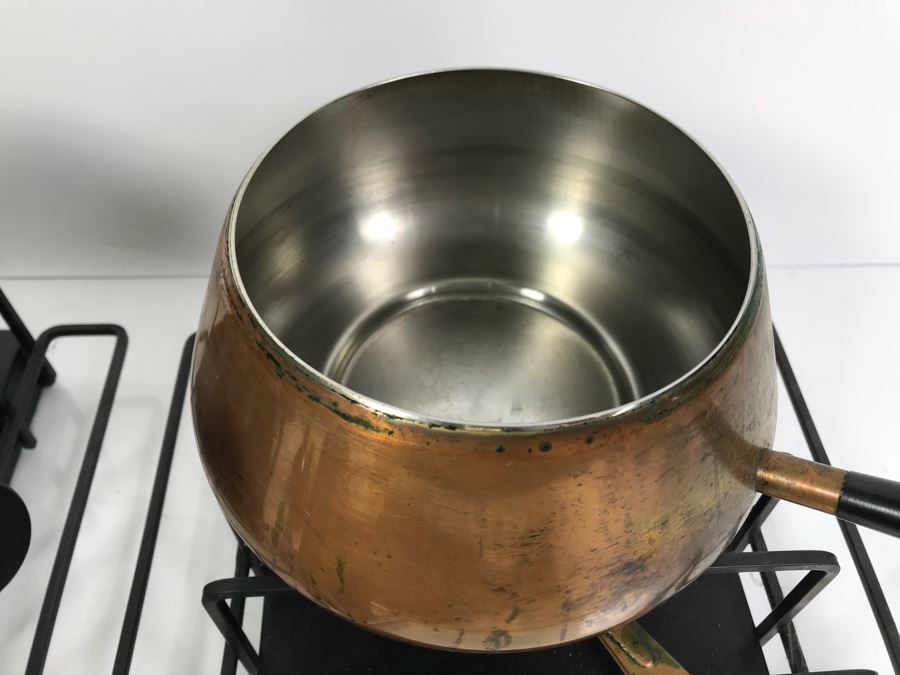 Pair Of Mid-Century Copper Fondue Sets, Dansk Denmark Vases, Industrial Salt & Pepper Shakers, Vintage Ladle, Wire Basket And Cutting Board [Photo 9]