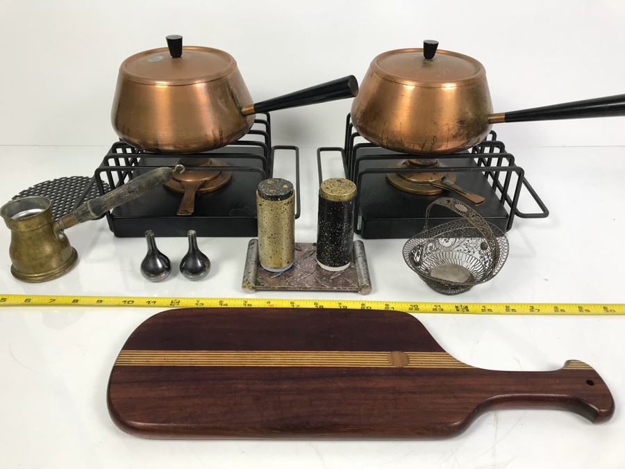 Pair Of Mid-Century Copper Fondue Sets, Dansk Denmark Vases, Industrial Salt & Pepper Shakers, Vintage Ladle, Wire Basket And Cutting Board [Photo 2]
