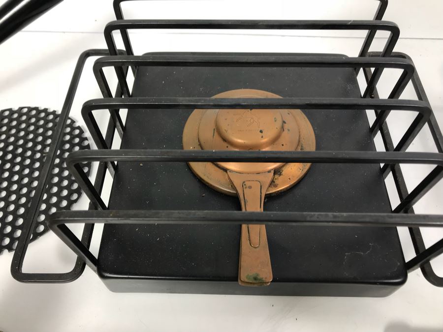 Pair Of Mid-Century Copper Fondue Sets, Dansk Denmark Vases, Industrial Salt & Pepper Shakers, Vintage Ladle, Wire Basket And Cutting Board [Photo 10]