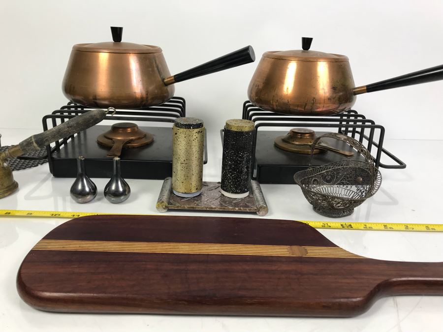 Pair Of Mid-Century Copper Fondue Sets, Dansk Denmark Vases, Industrial Salt & Pepper Shakers, Vintage Ladle, Wire Basket And Cutting Board [Photo 3]