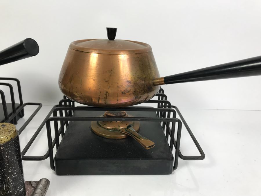 Pair Of Mid-Century Copper Fondue Sets, Dansk Denmark Vases, Industrial Salt & Pepper Shakers, Vintage Ladle, Wire Basket And Cutting Board [Photo 6]
