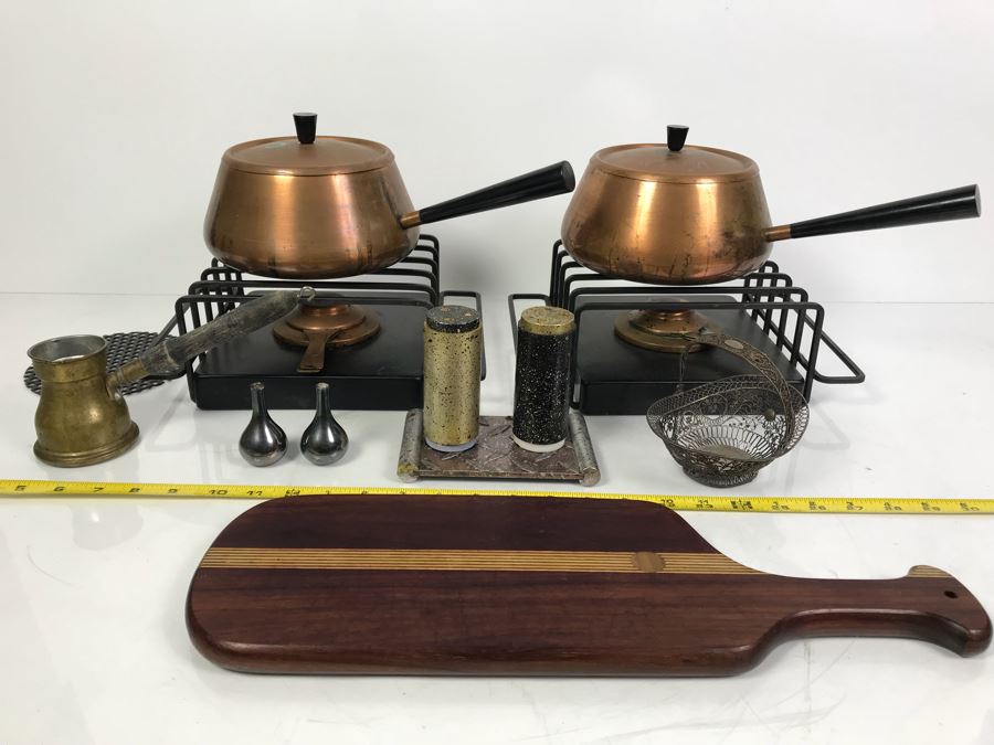 Pair Of Mid-Century Copper Fondue Sets, Dansk Denmark Vases, Industrial Salt & Pepper Shakers, Vintage Ladle, Wire Basket And Cutting Board [Photo 1]