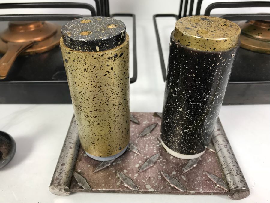 Pair Of Mid-Century Copper Fondue Sets, Dansk Denmark Vases, Industrial Salt & Pepper Shakers, Vintage Ladle, Wire Basket And Cutting Board [Photo 13]