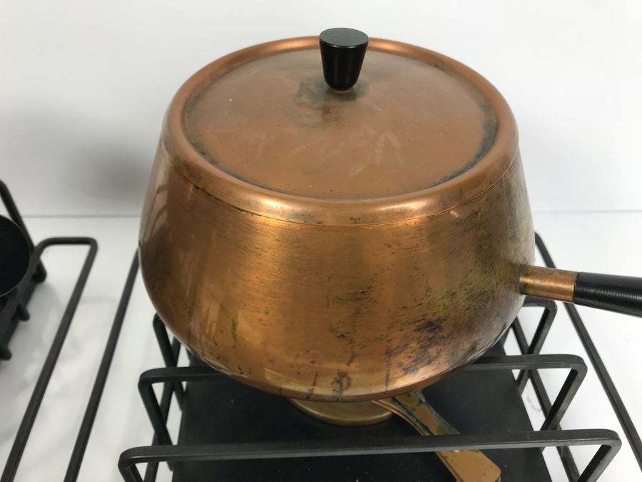 Pair Of Mid-Century Copper Fondue Sets, Dansk Denmark Vases, Industrial Salt & Pepper Shakers, Vintage Ladle, Wire Basket And Cutting Board [Photo 8]