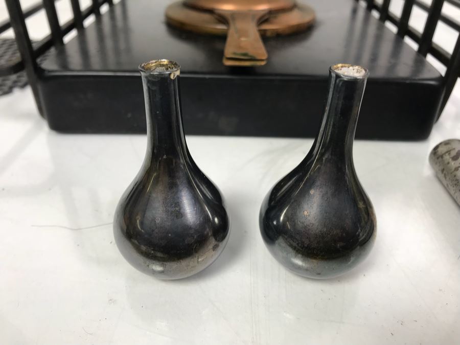 Pair Of Mid-Century Copper Fondue Sets, Dansk Denmark Vases, Industrial Salt & Pepper Shakers, Vintage Ladle, Wire Basket And Cutting Board [Photo 14]