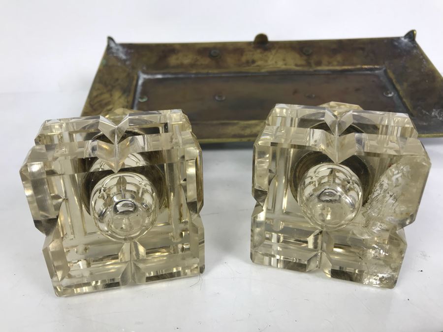 Vintage Brass Inkwell And Pen Holder With Glass Inkwell Bottles (Note That One Bottle Has Cracks In Glass) [Photo 9]