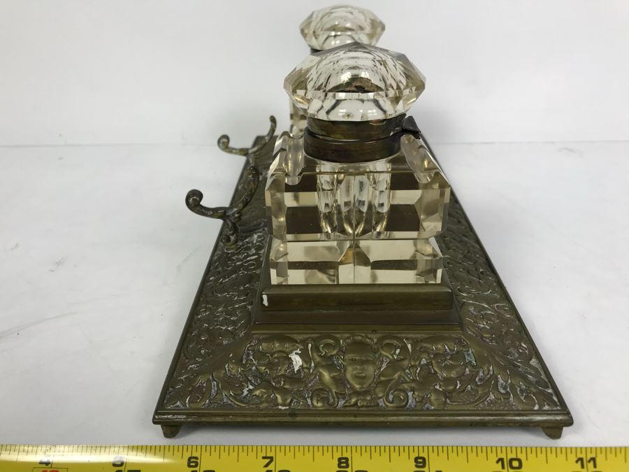 Vintage Brass Inkwell And Pen Holder With Glass Inkwell Bottles (Note That One Bottle Has Cracks In Glass) [Photo 6]