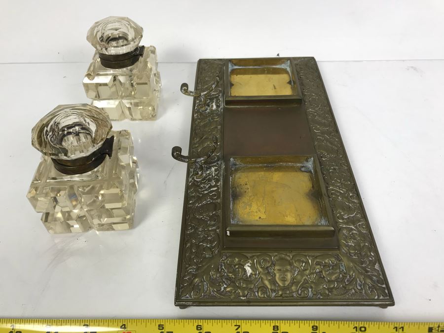 Vintage Brass Inkwell And Pen Holder With Glass Inkwell Bottles (Note That One Bottle Has Cracks In Glass) [Photo 8]