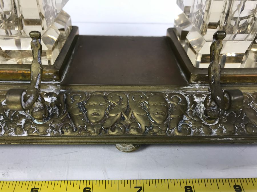 Vintage Brass Inkwell And Pen Holder With Glass Inkwell Bottles (Note That One Bottle Has Cracks In Glass) [Photo 3]