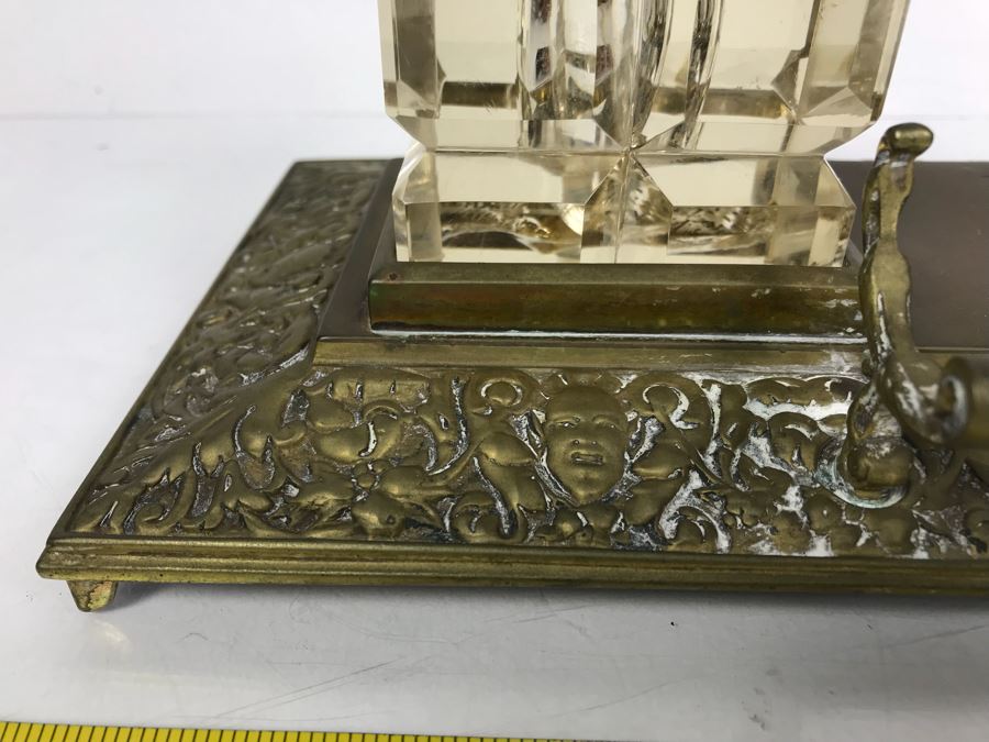 Vintage Brass Inkwell And Pen Holder With Glass Inkwell Bottles (Note That One Bottle Has Cracks In Glass) [Photo 4]