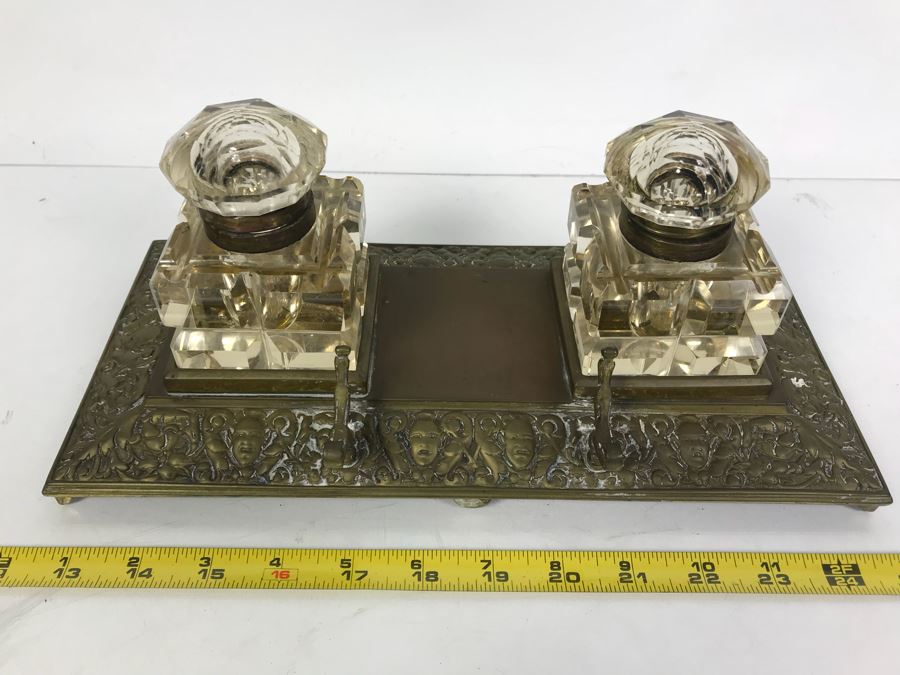 Vintage Brass Inkwell And Pen Holder With Glass Inkwell Bottles (Note That One Bottle Has Cracks In Glass) [Photo 2]