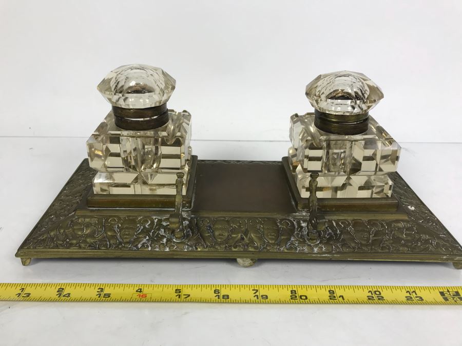 Vintage Brass Inkwell And Pen Holder With Glass Inkwell Bottles (Note That One Bottle Has Cracks In Glass)