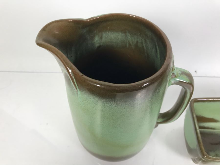 Pair Of Vintage Green Frankoma Pottery Pieces Pitcher [Photo 4]