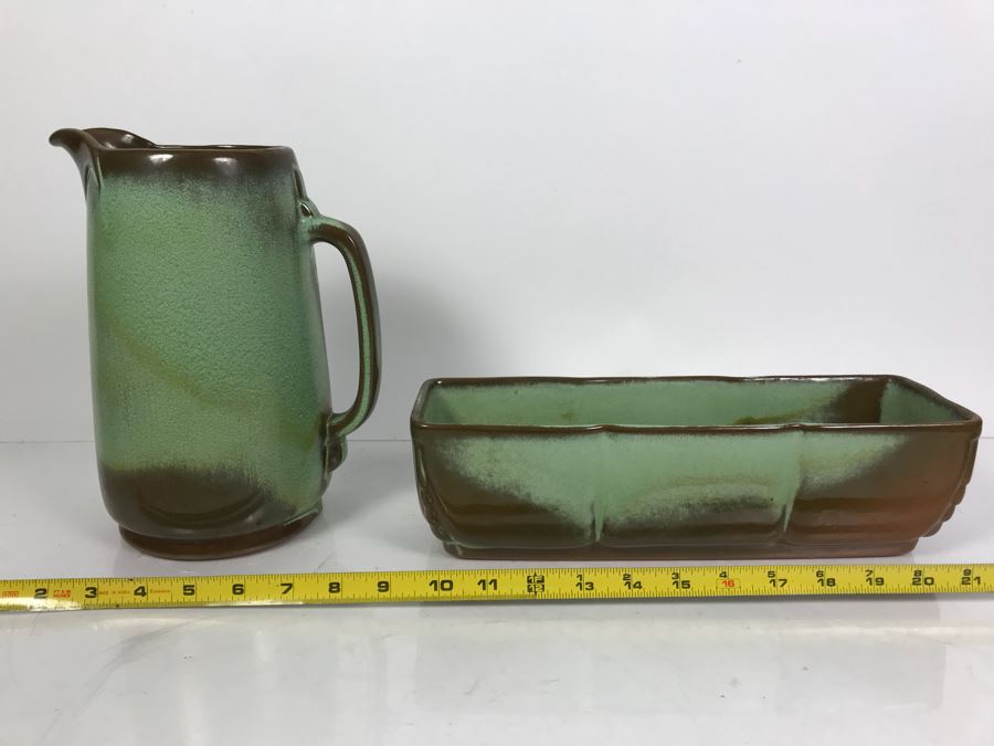 Pair Of Vintage Green Frankoma Pottery Pieces Pitcher