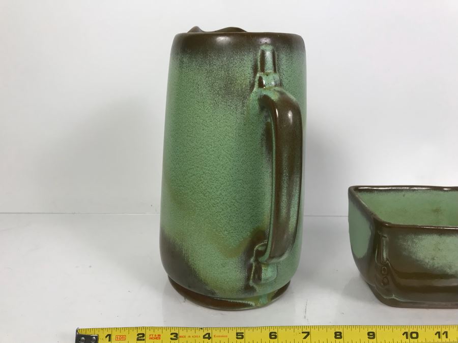 Pair Of Vintage Green Frankoma Pottery Pieces Pitcher [Photo 6]