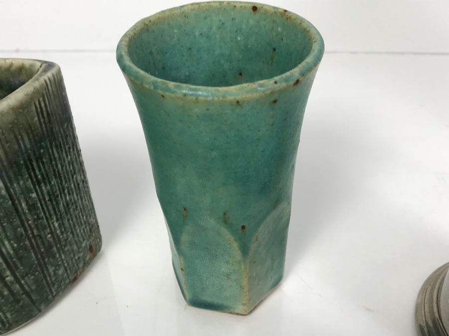 Vintage Pewter Coffee Pot With Creamer And Sugar, Pottery Pieces And (3) Green Dishes [Photo 17]