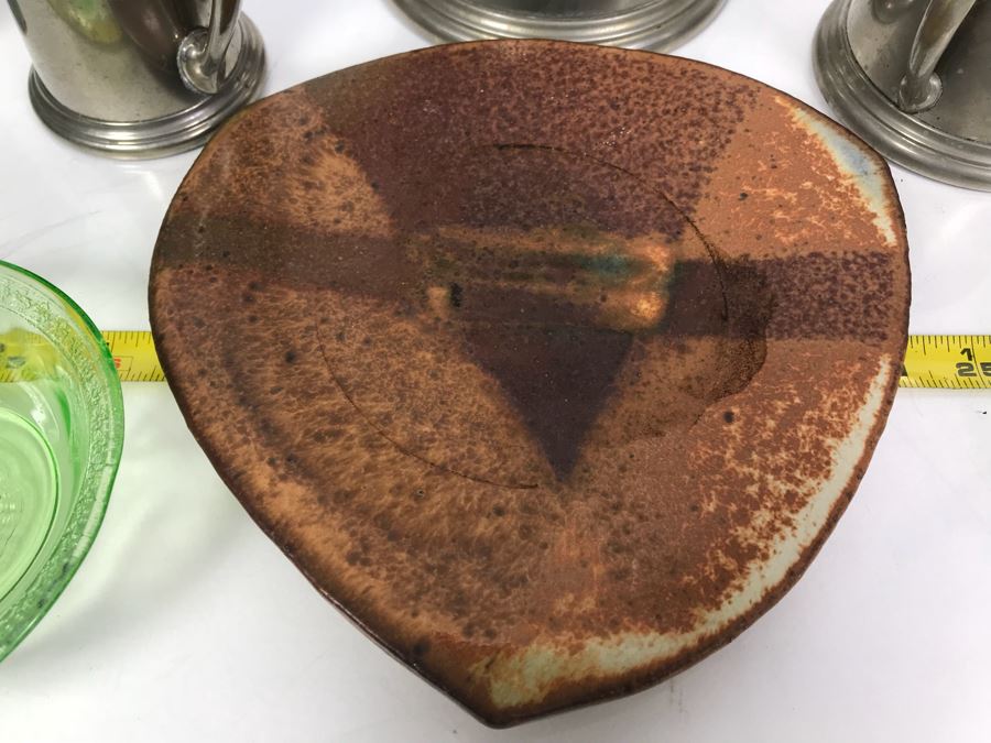 Vintage Pewter Coffee Pot With Creamer And Sugar, Pottery Pieces And (3) Green Dishes [Photo 3]