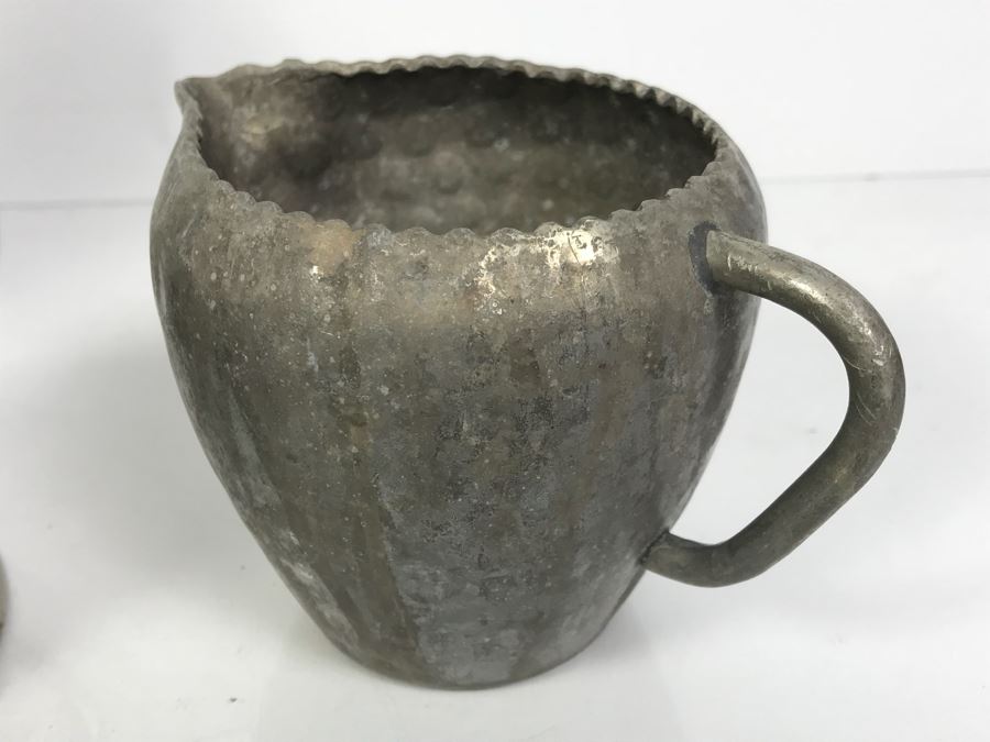 Vintage Pewter Coffee Pot With Creamer And Sugar, Pottery Pieces And (3) Green Dishes [Photo 20]