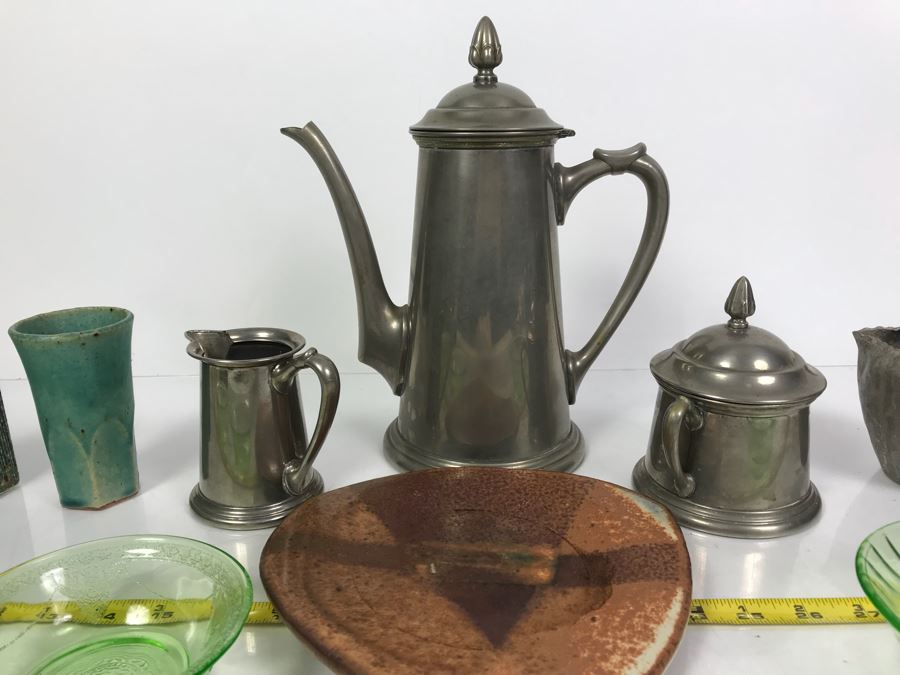 Vintage Pewter Coffee Pot With Creamer And Sugar, Pottery Pieces And (3) Green Dishes [Photo 2]