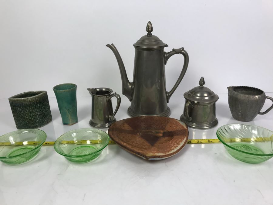 Vintage Pewter Coffee Pot With Creamer And Sugar, Pottery Pieces And (3) Green Dishes [Photo 1]