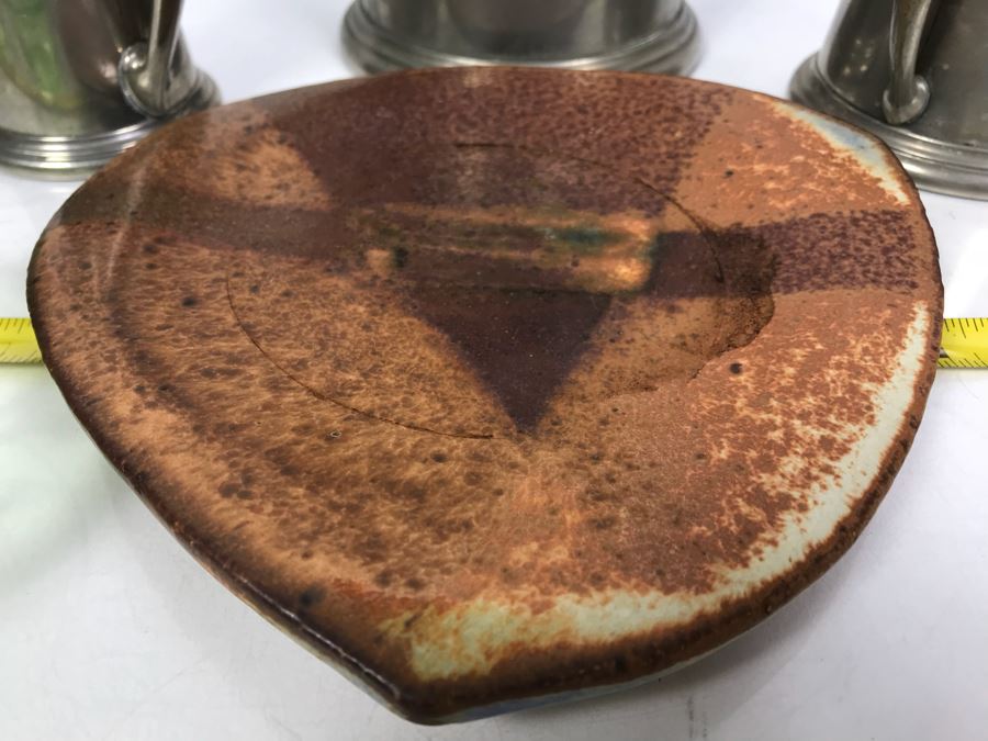 Vintage Pewter Coffee Pot With Creamer And Sugar, Pottery Pieces And (3) Green Dishes [Photo 4]