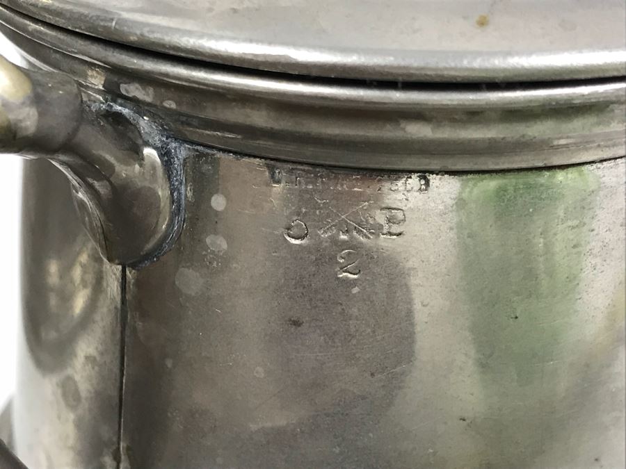 Vintage Pewter Coffee Pot With Creamer And Sugar, Pottery Pieces And (3) Green Dishes [Photo 9]