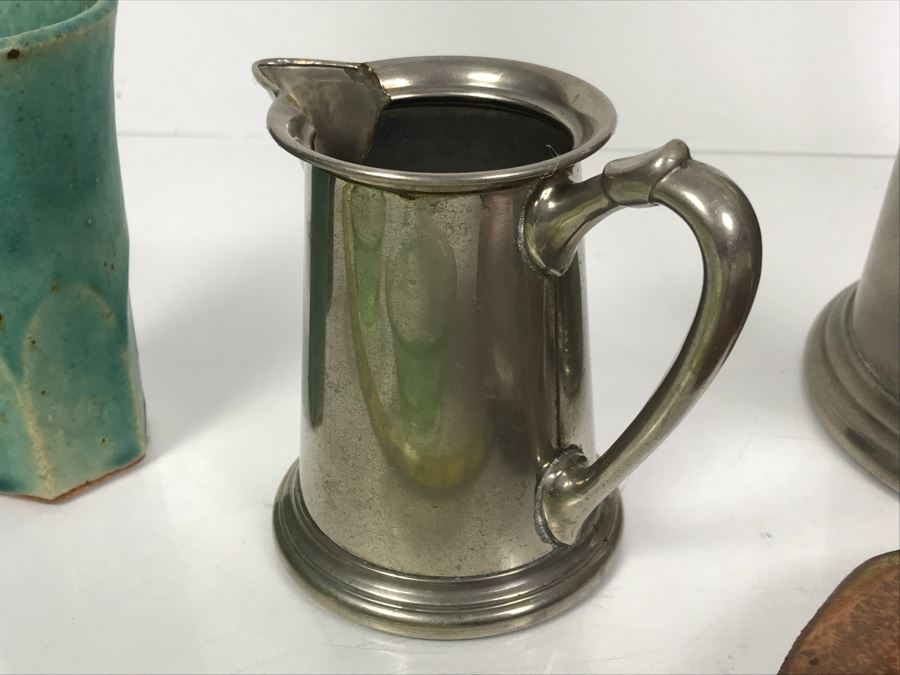 Vintage Pewter Coffee Pot With Creamer And Sugar, Pottery Pieces And (3) Green Dishes [Photo 13]