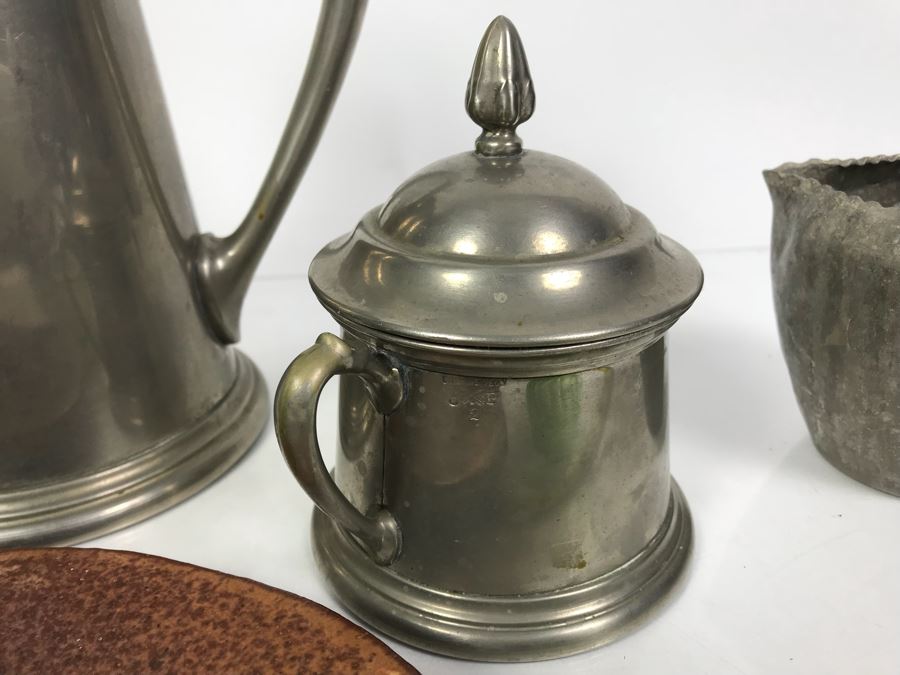 Vintage Pewter Coffee Pot With Creamer And Sugar, Pottery Pieces And (3