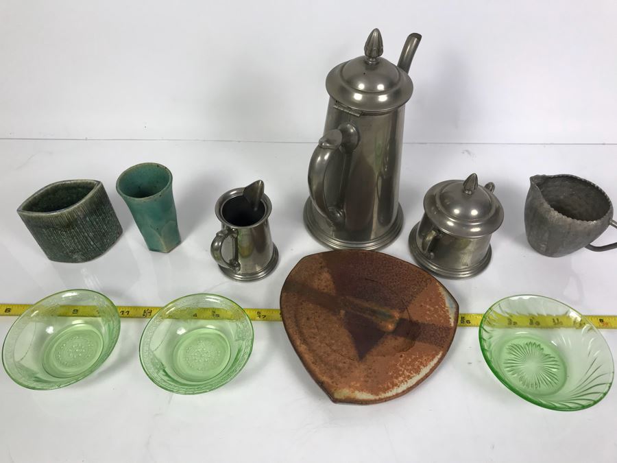 Vintage Pewter Coffee Pot With Creamer And Sugar, Pottery Pieces And (3) Green Dishes [Photo 24]