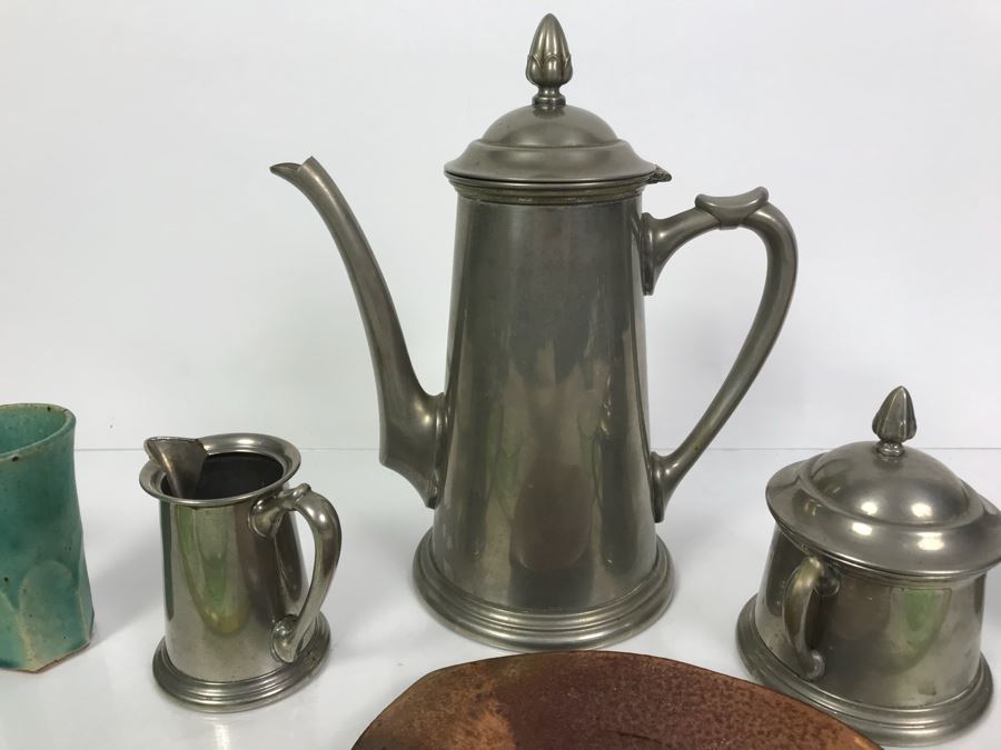 Vintage Pewter Coffee Pot With Creamer And Sugar, Pottery Pieces And (3) Green Dishes [Photo 7]