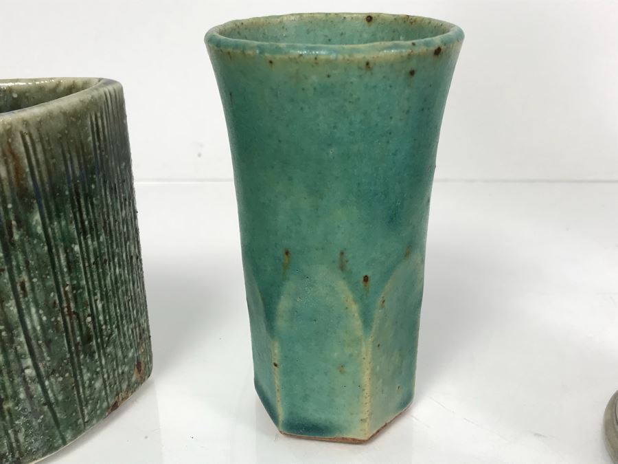 Vintage Pewter Coffee Pot With Creamer And Sugar, Pottery Pieces And (3) Green Dishes [Photo 16]