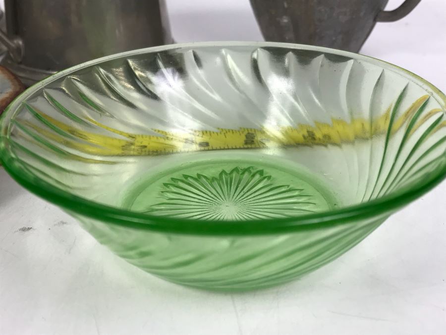 Vintage Pewter Coffee Pot With Creamer And Sugar, Pottery Pieces And (3) Green Dishes [Photo 23]