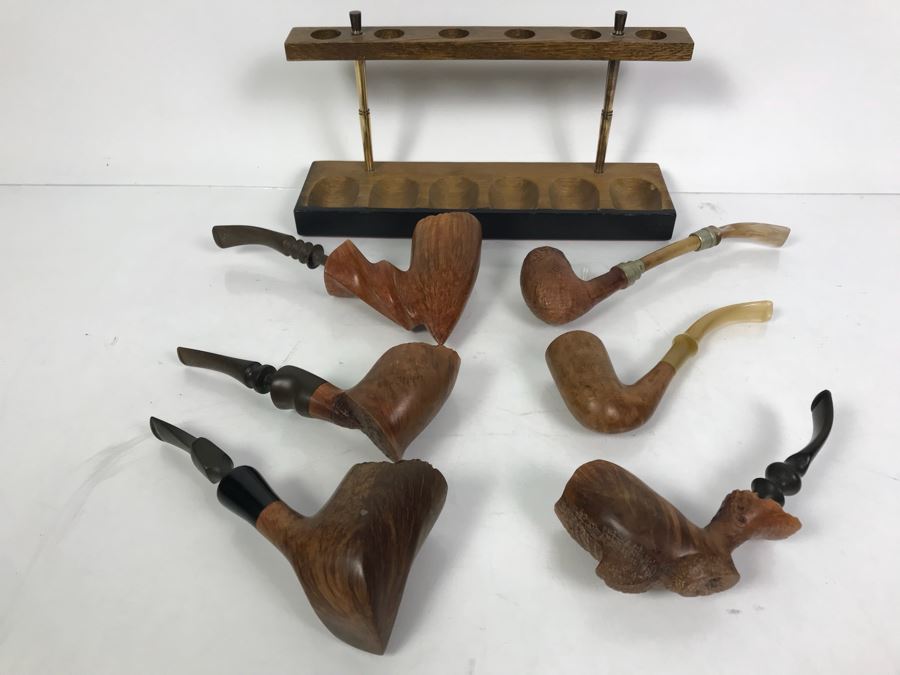 (6) Vintage Wooden Smoking Pipes With Wooden Display Stand Some Pipes Hand Made In Denmark