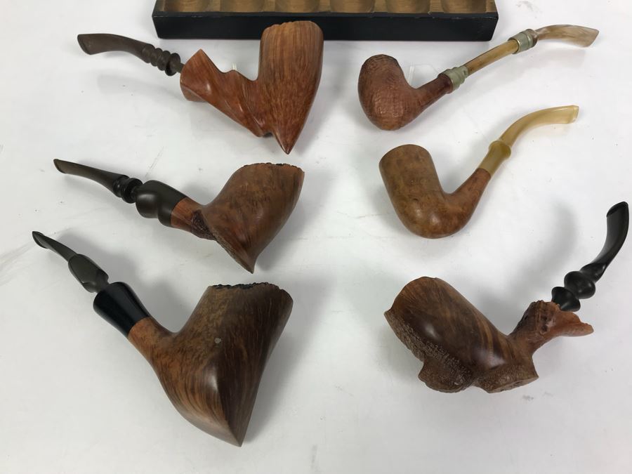 (6) Vintage Wooden Smoking Pipes With Wooden Display Stand Some Pipes Hand Made In Denmark [Photo 3]