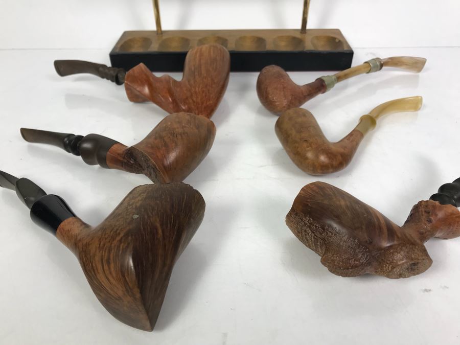 (6) Vintage Wooden Smoking Pipes With Wooden Display Stand Some Pipes Hand Made In Denmark [Photo 2]